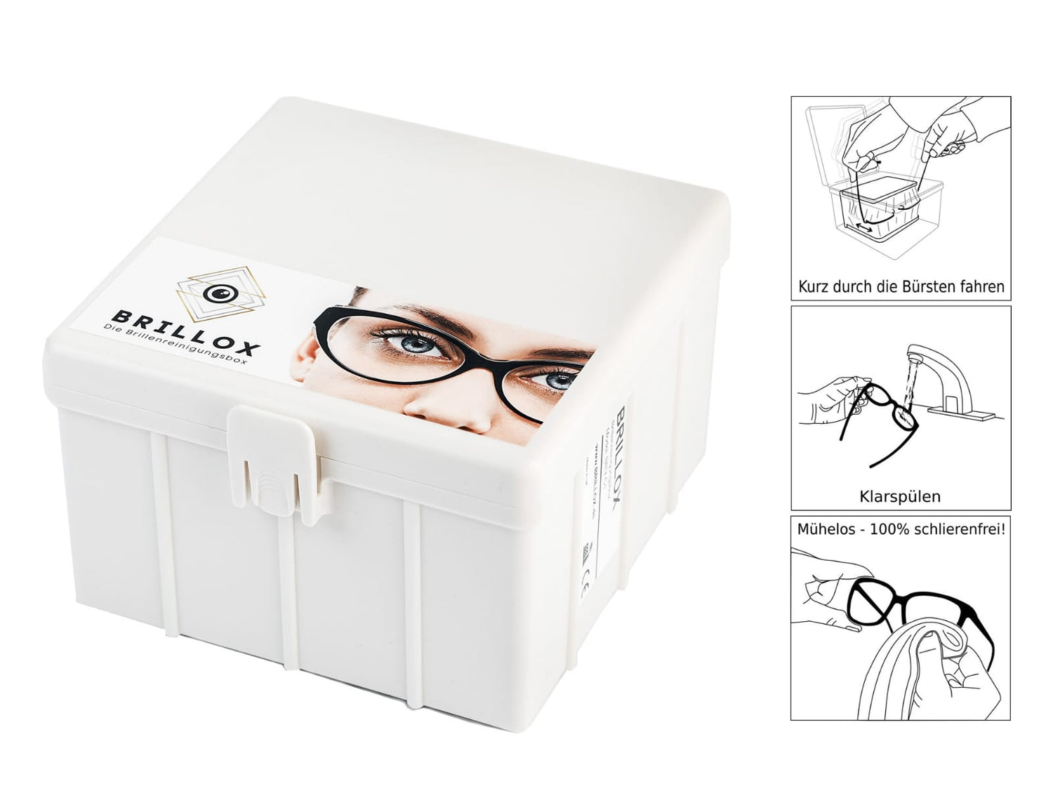 Brillenreiniger Brillox neben Erklärungstext zur Anwendung